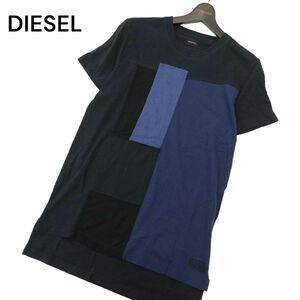 DIESEL ディーゼル 春夏 切替★ 半袖 ロング丈 カットソー クルーネック Tシャツ Sz.XS　メンズ ネイビー　C4T05084_5#A