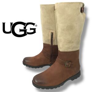 u87 UGG アグ ムートン レザー ロングブーツ エンジニアブーツ ベージュ ブラウン 約26cm UK8 レディース 1003339 正規品