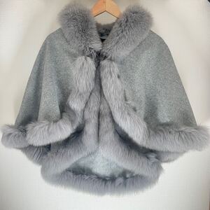  SAGA FURS フォックスファー×カシミヤ100% ポンチョ ケープ FOX PURE CASHMERE 日本製 Mサイズ グレー系 サガ 1スタ 1円スタート