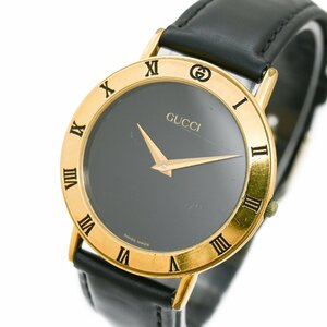 1円 稼働 GUCCI グッチ 3000M QZ クオーツ 黒文字盤 ゴールド GP 腕時計 メンズ ラウンド レザー ブランド ウォッチ watch 368420240521