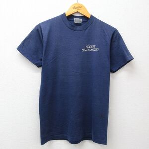 【50%OFF】S/古着 ヘインズ 半袖 ビンテージ Tシャツ メンズ 80s トラウトアンリミテッド クルーネック 紺 ネイビー 23aug28 中古 5OF