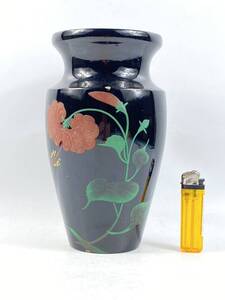 【福蔵】琉球漆工 花器 漆器 象嵌 花紋 高22cm