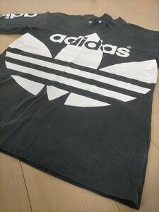 80s-90s ビンテージ adidas アディダス デサント ビッグトレフォイル 袖ロゴ 8分丈 長袖Tシャツ M-L 黒×白 ★オールド