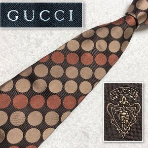 ■美品■GUCCI グッチ　ネクタイ　サークルドット　総柄　シルク100% イタリア製　ブラウン系　ビジネス