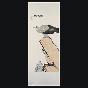 321【模写】呉作人 雲山千里【文物商店シール】掛軸／中国画家 建築 絵画 洋画 油絵 油画 彫刻 古書画