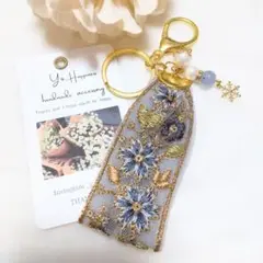 再販多数♡インド刺繍リボン キーホルダー バッグチャーム 天然石 アクアマリン