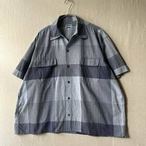 80s 90s Nigel Cabourn オープンカラー シャツ / 3 L レーヨン チェック ネイビー ブルー ボックス 半袖 ビンテージ T4-08103-9343