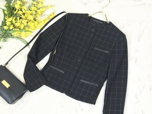 d133★ ラルフローレン RALPH LAUREN ウィンドウペーン ノーカラー ジャケット レディース アウター ブラック系 日本製