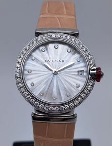 中古美品 ブルガリ BVLGARI ルチェア LU33S ダイヤベゼル ホワイトシェル文字盤 SS 裏スケ デイト レディース 自動巻き 腕時計