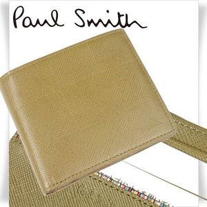 新品1円～★定価2.3万 ポールスミス Paul Smith 牛革レザー二つ折り財布 ウォレット かぶせ チェッカエンボス カーキ 正規店本物◆2543◆