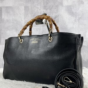 極美品 GUCCI グッチ バンブー ショッパー 2WAY トートバッグ ハンド ショルダー レザー ビジネス メンズ ロゴ型押し 書類 金具 大容量 黒