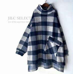 新品【送料185円】伸縮◎ブロックチェック*サイドスリット＆バックロング*オフタートルネック*ニットソー*プルオーバー*チュニック4201.BN