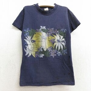 古着 半袖 ビンテージ Tシャツ キッズ ボーイズ 子供服 70s 花 胸ポケット付き コットン クルーネック 紺 ネイビー 24mar02