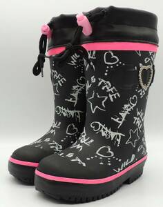 雨の日 通学 歩きやすい 履きやすい キッズ 女の子 レインブーツ 長靴 ゴム 防寒 防滑 防雪 ワイルドツリー AK184 ブラック 16.0cm