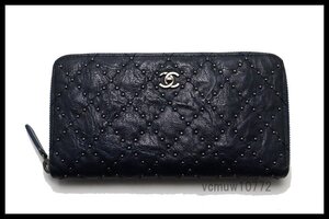 近年モデル希少美中古■CHANEL 20番台 マトラッセ スタッズ SV金具 レザー ラウンドファスナー 長財布 シャネル■1003mp1652-5K