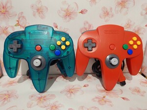 【☆簡易動作チェック済み】 NINTENDO 64 ニンテンドー64 コントローラー コントローラーブロス クリアブルー　レッド　2台セット