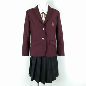 1円 ブレザー スカート 紐タイ 上下4点セット 冬物 女子 学生服 中学 高校 エンジ 制服 中古 ランクC EY0411