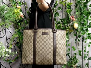 超美品●GUCCI グッチ●GGスプリーム●ロゴ型押し●PVC カーフ レザー 本革●トート バッグ●ブラウン ベージュ●SV金具●A4 収納●Js48148