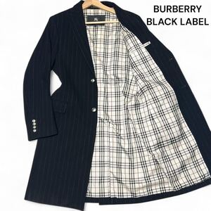 美麗品◎銀ボタン!!バーバリーブラックレーベル【圧倒的な存在感】BURBERRY ノバチェック ストライプ チェスターコート ネイビー◎メンズ