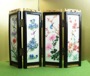 中国彩色ガラス絵両面屏風A　「花鳥」と「万里の長城」高さ16cm