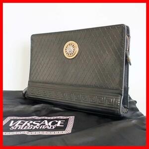 正規品 ヴェルサーチ Versace セカンドバッグ Second Bag サンバースト Sun Burst 内張り総ロゴ Logo レザー Leather Authentic Mint