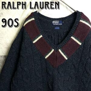 美品 90s Polo by Ralph Lauren ポロバイラルフローレン ウール100 ケーブル編み チルデン ニットプルオーバー セーター ネイビー 紺 M