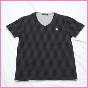 ★BURBERRY BLACK LABEL/バーバリーブラックレーベル 半袖Tシャツ 2/メンズM相当/ブラック×グレー/アーガイル柄/Vネック&1995800020