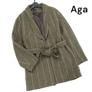 Aga アーガ 秋冬 ベルト付き♪ ウール ツイード ショールカラー ジャケット コート Sz.9　レディース 日本製　K3T00846_A#N