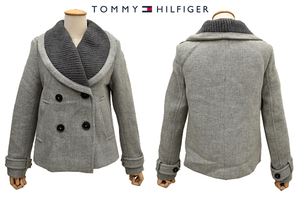 A-2735★送料無料★美品★TOMMY トミーヒルフィガー★正規品 ウール グレー灰色 裏地付き へちま襟 ピーコート Ｌ