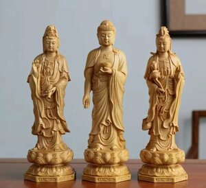 黄楊木彫刻西方三聖阿弥陀仏大勢至観音菩薩高さ13 cm