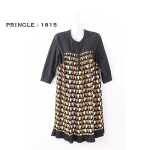 A3449/美品 春夏 PRINGLE 1815 プリングル シルク100% 膝丈 ミモレ丈 プリーツ フレアワンピース UK10 黒茶/スコットランド レディース