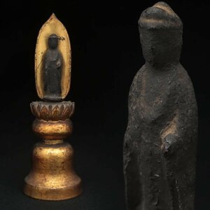 ET259 江戸期 古銅「釈迦如来立像」金箔仕上蓮台付 全高15cm/仏高5.9cm 重40g・釋迦牟尼佛 懐中仏