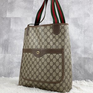 美品 OLD GUCCI オールドグッチ トートバッグ ハンド ビジネス PVC レザー シェリーライン インターロッキング ステッチ ポケット メンズ