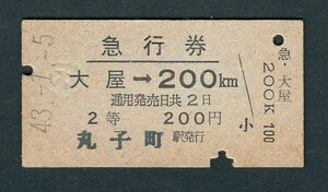 昭和４３年　　上田丸子電鉄　　丸子駅発行　　大屋→２００㌔　　Ａ型　　急行券　　