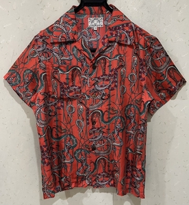 ＊エヴィス EVISU シルク スネーク 総柄 アロハシャツ オープンカラー 半袖シャツ トップス 34 　　　BJBC.H