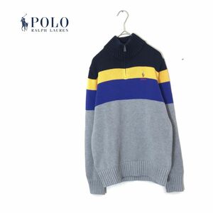 1N1669-N◆美品◆ POLO Ralph Lauren ポロラルフローレン コットンニット ハーフジップ ロゴ刺繍 キッズ ◆sizeL(14-16) マルチ ボーダー