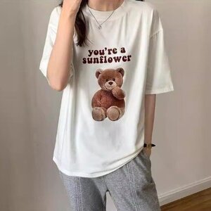 Tシャツ レディーストップス デザイン 韓国ファッション ゆったり クマ S ホワイト