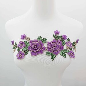 AZ387ラベンダー　花柄モチーフレース　立体お花刺繍襟レース　新体操 衣装　社交ダンス ドレス装飾 フィギュア衣装　レオタード装飾