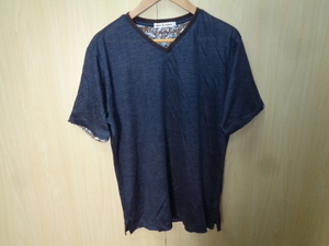 b410◆ARAMIS AOUDIMA VネックTシャツ◆アラミス サイズL ダークグレー 無地 裏花柄 半袖Tシャツ インナー 麻100％ ゆうパケット発送 6F