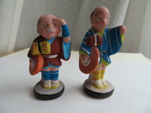 アンティーク　陶器人形/日本人形/土人形　弥次さん喜多さん　2体（長期保管）