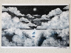 風景画　海の絵　夜空　雲　アート　パステル画　絵画　イラスト　オイルパステル