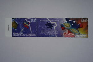 外国切手： サモア切手「貿易と商業のFuture Partnersへ」 タブ付き連刷 未使用