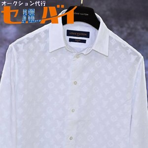 本物 極上品 ルイヴィトン 絶盤 18AW 立体モノグラム REGULAR FIT ドレスシャツ メンズS ホワイト 長袖 トップス 国内正規品 LOUIS VUITTON