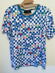 【aldies】アールディーズ 総柄 半袖 クルーネック Tシャツ ロゴ チェッカー 幾何学 アート プリント 白 ブルー サイズM 011024-024