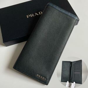 【美品】PRADA プラダ メンズ 二つ折り 長財布 サフィアーノレザー シルバー金具 バイカラー 黒 ブラック 紺 ネイビー 2MV836