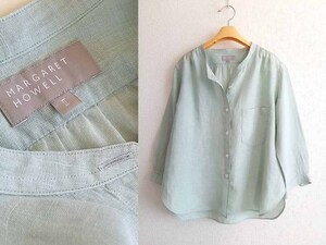 MARGARET HOWELL / マーガレットハウエル【FINE LINEN NO COLLAR】麻ノーカラーシャツ Ⅱ/淡ミントグリーン