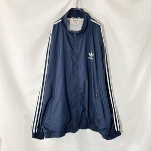 古着 80s adidas アディダス ナイロンジャケットトラックジャケット トレフォイル スリーライン 袖ライン 3本ライン 紺色 ネイビー XL