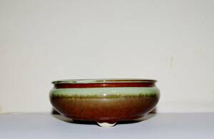 希少・約40～5０年前後の古い「陶翠」　製作中止盆器　窯変辰砂釉　袋丸形の鉢
