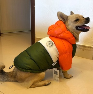 1円 ドッグウエア ダウンジャケット 上着 ペット服 フード付き 防寒 防水 トリコロールカラー 小型犬 中型犬 青茶ピンク緑