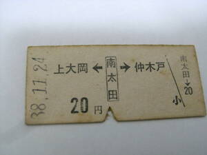 京浜急行電鉄　上大岡←南太田→仲木戸　20円　昭和38年11月24日　南太田駅発行　京急